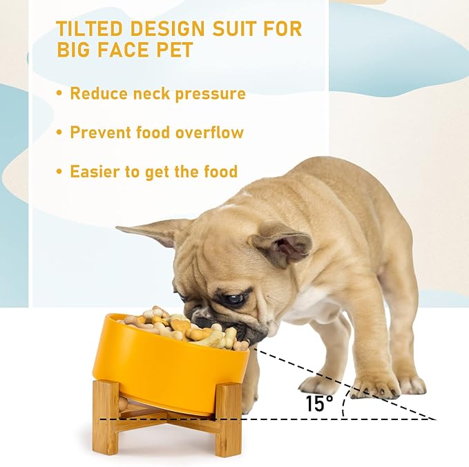 SPUNKYJUNKY 15° Slanted Ceramic Dog and Cat Bowl with Wooden Stand, Tilted Bulldog Food and Water Bowl No Slip Non-Spill for Cats Medium Dogs Big Face Pets 28.7 OZ (3.6 Cups, Yellow)-Mewly Pet