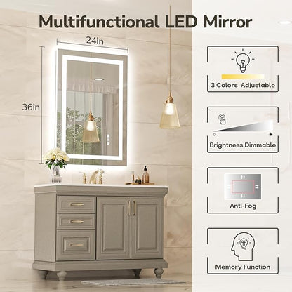 USHOWER LED Bathroom Mirror 24x36 Inch with Lights - Frameless Tempered Glass LED Backlit Lighted Mirror for Bathroom Vanity with Anti-Fog, 3 Colors Dimmable, Memory Function, Wall-Mounted