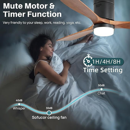 Sofucor Ceiling Fan with Lights 52 Inch Flush Mount Ceiling Fan with Remote Control, Wood Blades Modern Outdoor Ceiling Fans for Bedroom/Farmhouse/Patio/Indoor, Quiet DC Motor