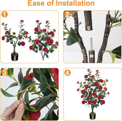 3.6FT Artificial Camellia Fake Tree, Artificial Plants & Flowers with 32 Red Flowers for Door Front Decoration Porch Patio Living Room Office Indoor Outdoor Decoration (Contains Dried Moss)
