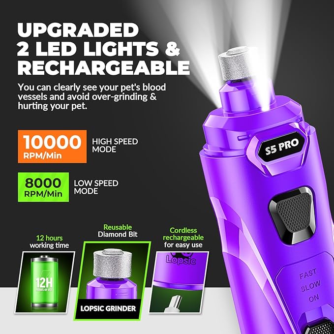 Dog Nail Grinder with 2 LED Lights Powerful 2 Speeds Super Quiet Dog Nail Trimmers with 3 Grinding Wheels Rechargeable Pet Dog Nail Clippers for Large Medium Puppy Dogs Dog Nail File Cat Nail Clipper-Mewly Pet