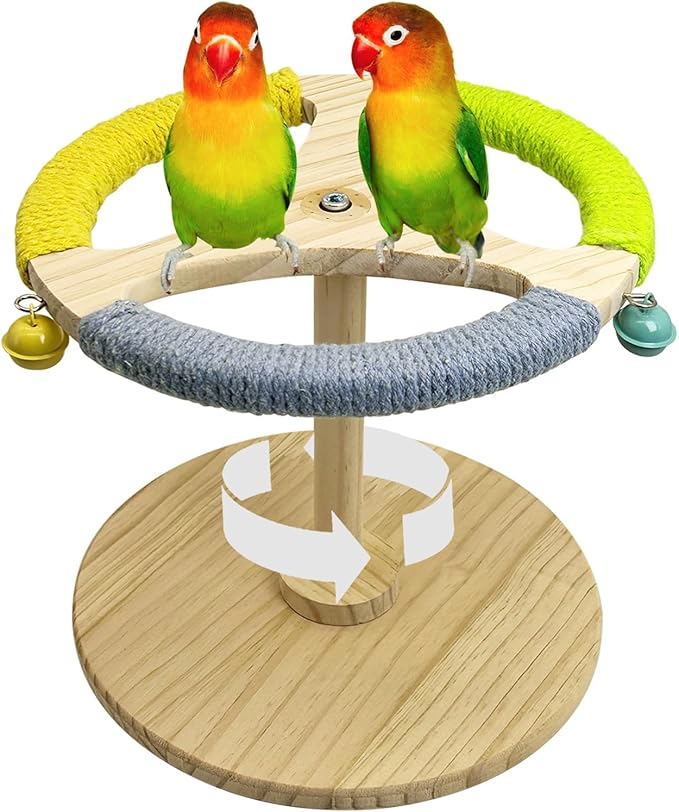 PINVNBY Bird Stand Perch Toy Wooden Spinning Parrot Perch with Cotton Rope and Bell Interactive Cockatiel Toy Bird Cage Accessories for Parakeets Conures Budgies Finches Lovebirds-Mewly Pet