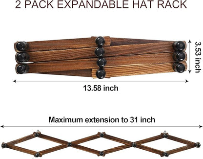 WGFKVAS 2 Pack Accordion Hat Rack for Wall - Expandable Coat Rack & Wall Mounted Hat Holder - Wooden Wall Hanger with 10 Peg Hooks for Coats, Baseball Caps, Keys & Mugs
