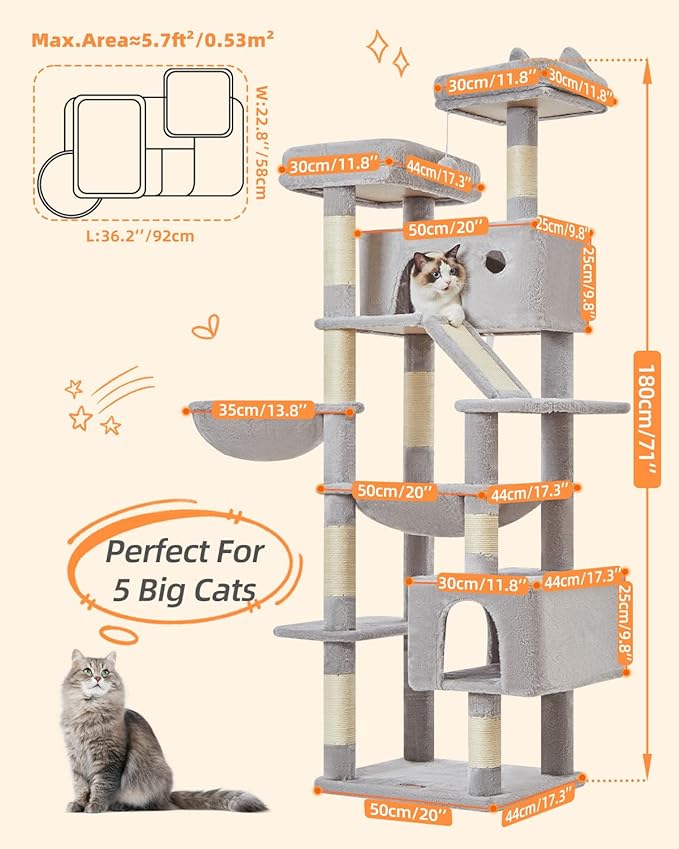 Taoqimiao Cat Tree 71-Inch, Cat Tower for Indoor Cats Large Adult, Multi-Level Large Cat Condo, 8 Sisal Scratching Posts, Metal Frame Cozy Hammock, Scratch Board, 2 Top Perches, Light Gray MS026LW-Mewly Pet