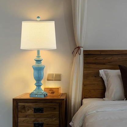 27.5" Set of 2 Farmhouse Table Lamps for Bedroom, 3 Way Dimmable Bedside Lamp with 2 USB +AC Outlet Nightstand Lamps for Living Room Resin Rustic Touch Lamps(Antique Blue)