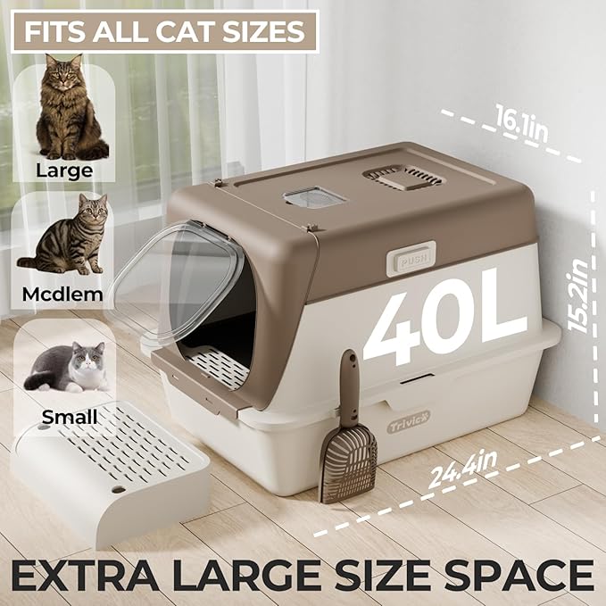 Stainless Steel Cat Litter Box with Lid, XX-Large Extra Large Litter Boxes for Large Cats,Enclosed Removable Metal Kitty Litter Box with High Sided,Magnetic Door,40L Box, Litter Trap Step/Mat-Mewly Pet