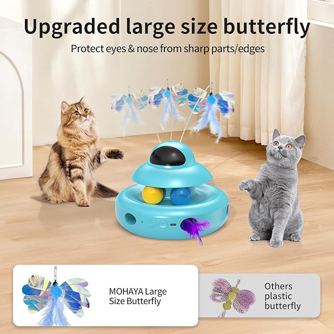 Cat Toys,4-in-1 Automatic Kitten Toy for Bored Indoor Adult Cats,lectric Flying Butterfly,Whack a Mole,Feather Track Balls,Blue-Mewly Pet
