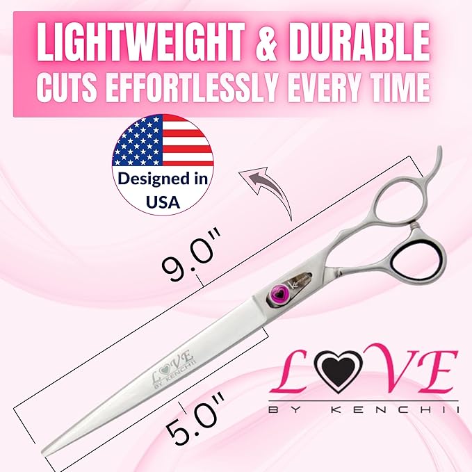 Kenchii Love Dog Grooming Scissors, 9 Inch Straight Shears, Dog Scissors for Grooming, Professional Pet Grooming Scissors, Heavy Duty, Durable and Sharp-Mewly Pet