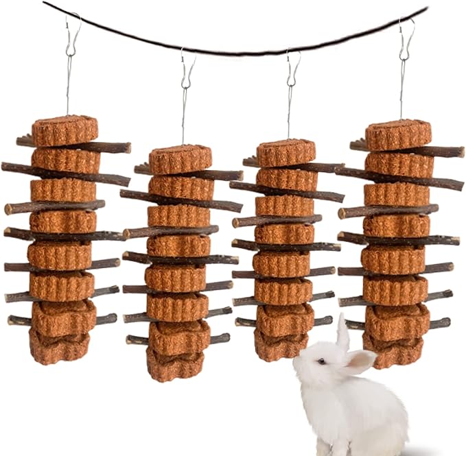 Bunny Carrot Cake Chew Toys,Rabbit Teeth Grinding Hanging Chinchillas Molar Toy Improve Dental Health Natural Apple Sticks for Guinea Pigs Rats Hamsters Gerbils(4 Packs)-Mewly Pet