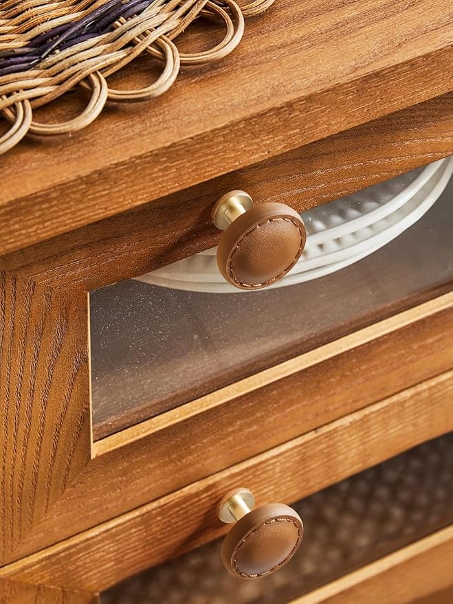 2 Pack Brown Leather Drawer Pulls Round Leather Handles Cabinet knobs for Kitchen Bathroom Cabinets Dressers Furniture Handles