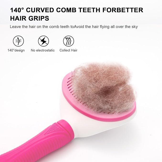 Self Cleaning Slicker Brush for Pet Grooming - Removes Loose Undercoat and Sheds, Suitable for Long and Short Hair Cats and Dogs, with Massaging Bristles (Pink)-Mewly Pet