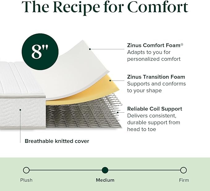 ZINUS 8 Inch Foam and Spring Hybrid Mattress [New Version], Twin, Fiberglass Free, Medium Firmness, Durable Support, Certified Safe Foams & Fabric, Mattress in A Box