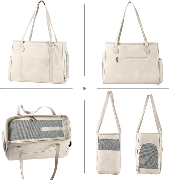 Stylish Dog Purse Carrier, Leather Pet Carrier Bag for Small Dogs Cats Puppy, Airline Approved Soft-Sided Carrier Beige-Mewly Pet
