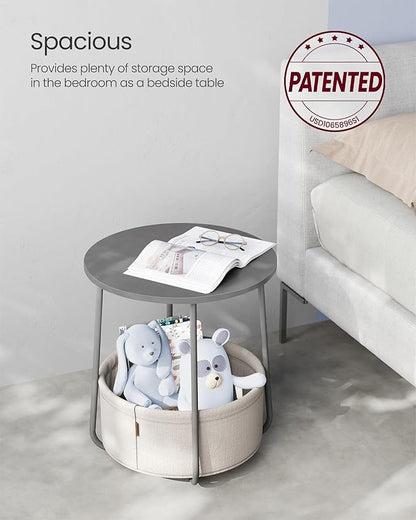 VASAGLE LILEA Collection - Small Round Side End Table, Modern Nightstand with Fabric Basket, Cement Gray and Cream White ULET223G49