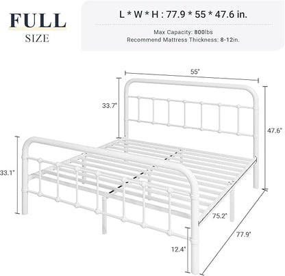 Allewie Full Size Metal Platform Bed Frame with Victorian Style Wrought Iron-Art Headboard/Footboard, No Box Spring Required，White
