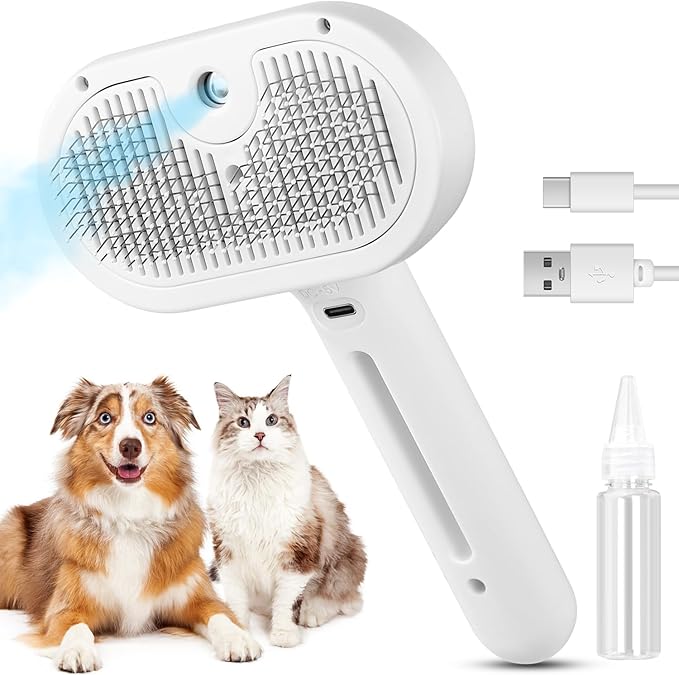 3 in 1 Cat Steam Brush, Pet Steam Brush for Cat Dog Long Short Haired, Pet Spray Hair Removal Comb for Small Animals Shedding & Grooming, Water Mist Spray Brushes with Release Button(White)-Mewly Pet