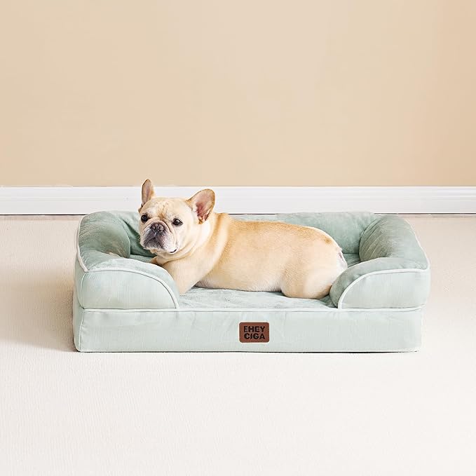 EHEYCIGA Orthopedic Dog Bed for Small Dogs, Waterproof Memory Foam Small Dog Beds with Sides, Non-Slip Bottom and Egg-Crate Foam Medium Pet Couch Bed with Washable Removable Cover, Sage Green-Mewly Pet