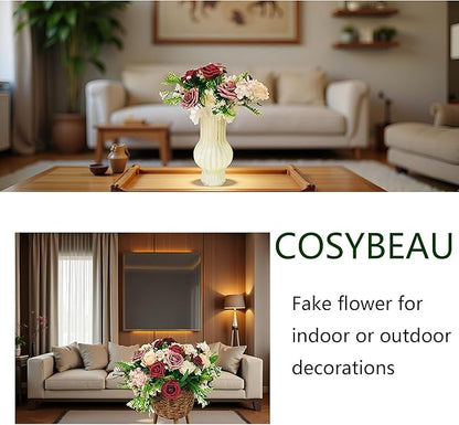 Artificial Fake Flowers 26pcs Roses, Mixed White & Burgundy Faux Flower for DIY Wedding Bouquet Bridal Shower Centerpieces Floral Arrangements Party Table Home Decorations