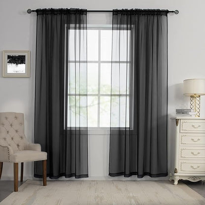 HUTO Black Sheer Curtains 96 Inches Long for Living Room Rod Pocket Voile Window Drapes for Bedroom,2 Panels