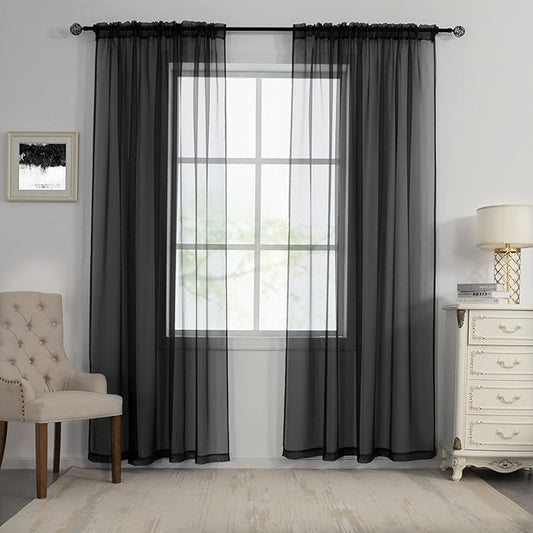 HUTO Black Sheer Curtains 96 Inches Long for Living Room Rod Pocket Voile Window Drapes for Bedroom,2 Panels