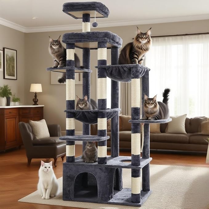 Heybly Heavy Duty Cat Tree, 71-Inch Tall Tower for Large Maine Coon with Extra-Large Baseboard, Cat Condo Furniture with Multi-Level Platforms, 2 Hammocks and 12 Scratching Posts, Smoky Gray HCT037G-Mewly Pet