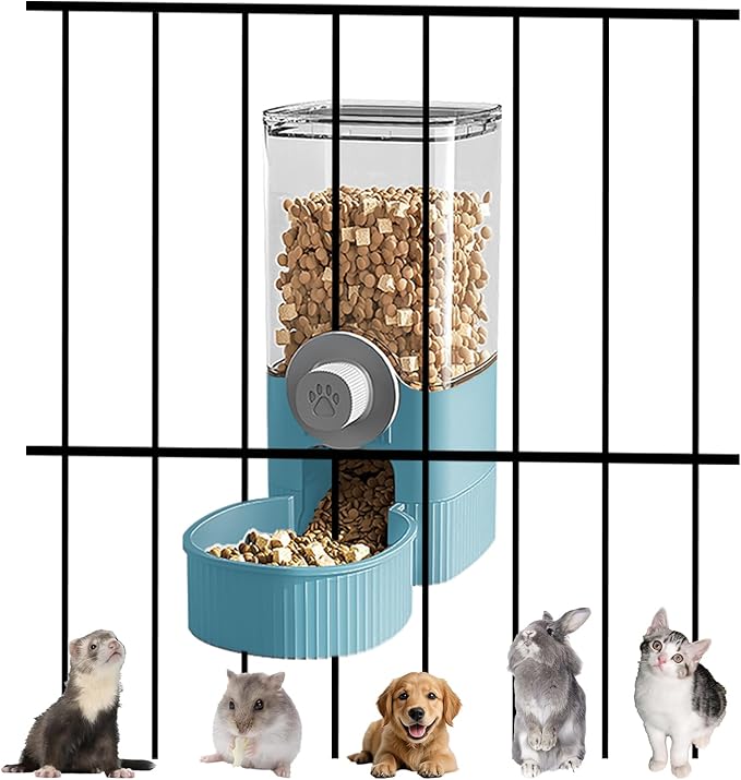 Auto Gravity Food Dispenser for Cage Hanging, 41OZ Capacity Hanging Automatic Pet Cage Feeder, Food Bowl for Cats Dogs Rabbit Ferret Chinchilla Bird Hedgehog Guinea Pig (Blue)-Mewly Pet