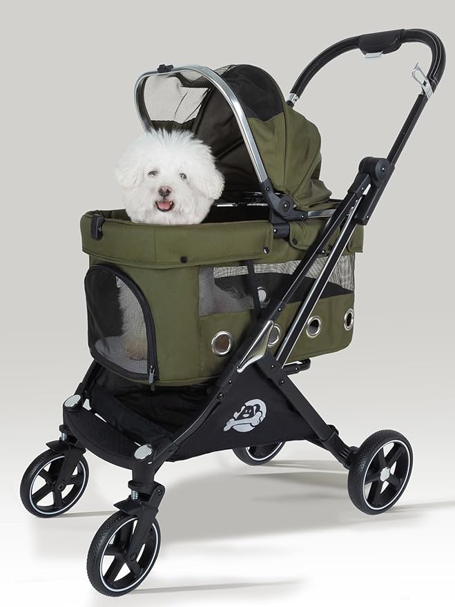 JK Pawadore 4 Wheels Pet Stroller Best Lightweight Foldable Portable Secure Easy Lock NO-Zip 180 ̊ Canopy Sun Shades Waterproof for Small/Medium Dogs 33lbs with Large Storage Basket (Army Green)-Mewly Pet
