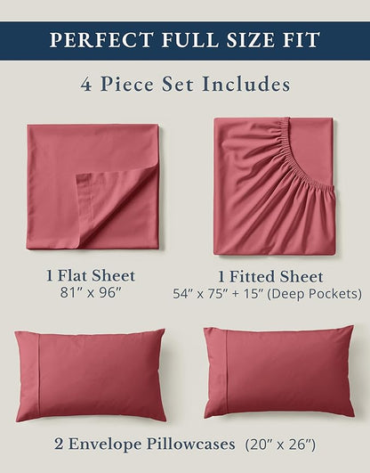 LANE LINEN 100% Organic Cotton Bed Sheets Full Size, Fully Elasticized Sustainably Produced Soft & Comfy, Machine Washable Naturally Cooling Full Sheet Deep Pocket Bedding - Mineral Red