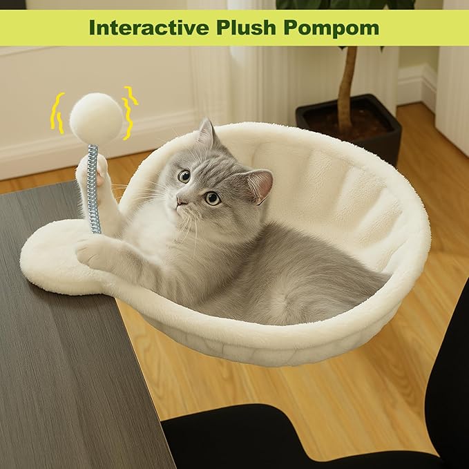 PAWZ Road Cat Bed for Desk with Interactive Plush Ball, 12 Inches in Diameter,Space-Saving Cat Desk Bed, White Cats Hammock for Table Supports Up to 40lbs, Medium-Mewly Pet