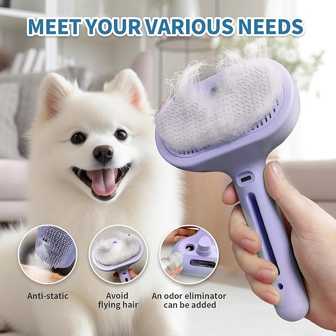 3 in 1 Steam Cat Brush for Shedding - Self-Cleaning Dog Grooming Tool for Long and Short Hair Pets - Removes Static, Flying Hair, and Loose Fur (Purple)-Mewly Pet