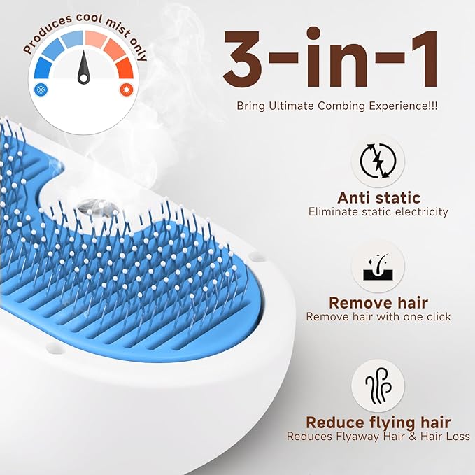 Pet Steam Brush for Dog & Cat - 3-in-1 Steam Grooming Brush for Shedding & Hair Removal - Self Cleaning Spray Comb with Mist for Long Haired Pets, Blue-Mewly Pet