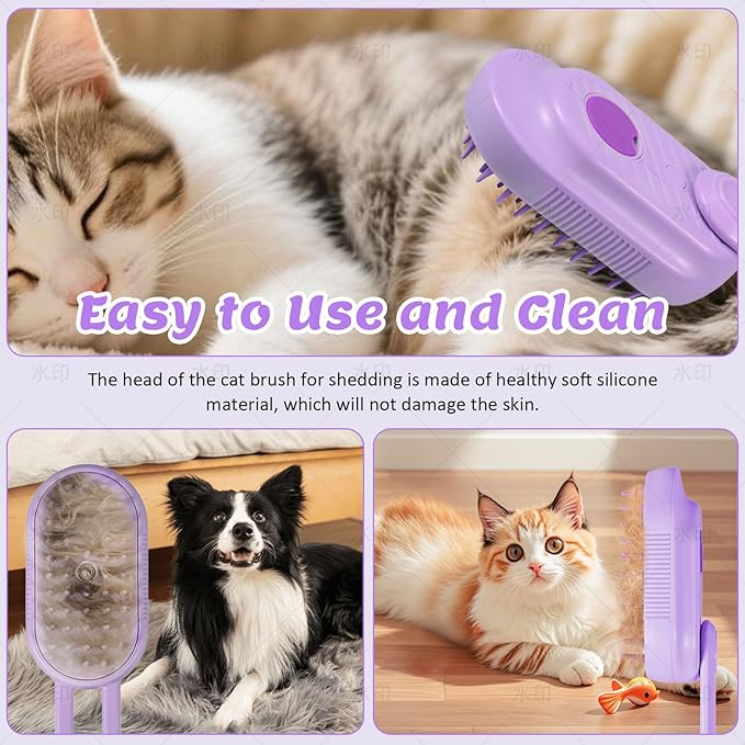4 in 1 Cat & Dog Steam Brush Kit with 2 Comb Heads - Rechargeable Grooming Brush for Long/Short Hair Shedding, Anti-Static Steam Spray & Foldable Handle, Pet Spa Cleaning Tool (Purple)-Mewly Pet