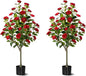 Artificial Camellia Tree 2 Pack, Artificial Plants Outdoor Faux Floral Plant in Cement Pot Fake Silk Camellia Tree Plants for Home House Living Room Office Decor