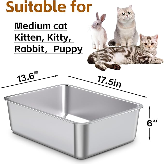 Stainless Steel Litter Box 2 Pack,Metal Litter Box for Cat Easy to Clean,Medium Cat LitterBox for Cats/Kitty/Rabbit,Metal Cat Toilet for Kitten,Non Stick, No Smell,17.7" L x 13.8" W x 6" H-Mewly Pet