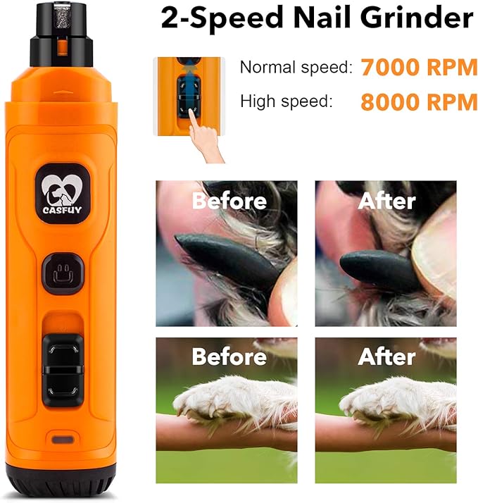 Casfuy Dog Nail Grinder with 2 LED Light - New Version 2-Speed Powerful Electric Pet Nail Trimmer Professional Quiet Painless Paws Grooming & Smoothing for Small Medium Large Dogs and Cats (Orange)-Mewly Pet