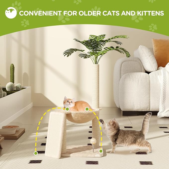 Small Cat Tree, Green Cat Tree with Scratching Post, Hammock Toy Ball and Palm Leaves for Kittens, Cat Tower for Indoor-Mewly Pet