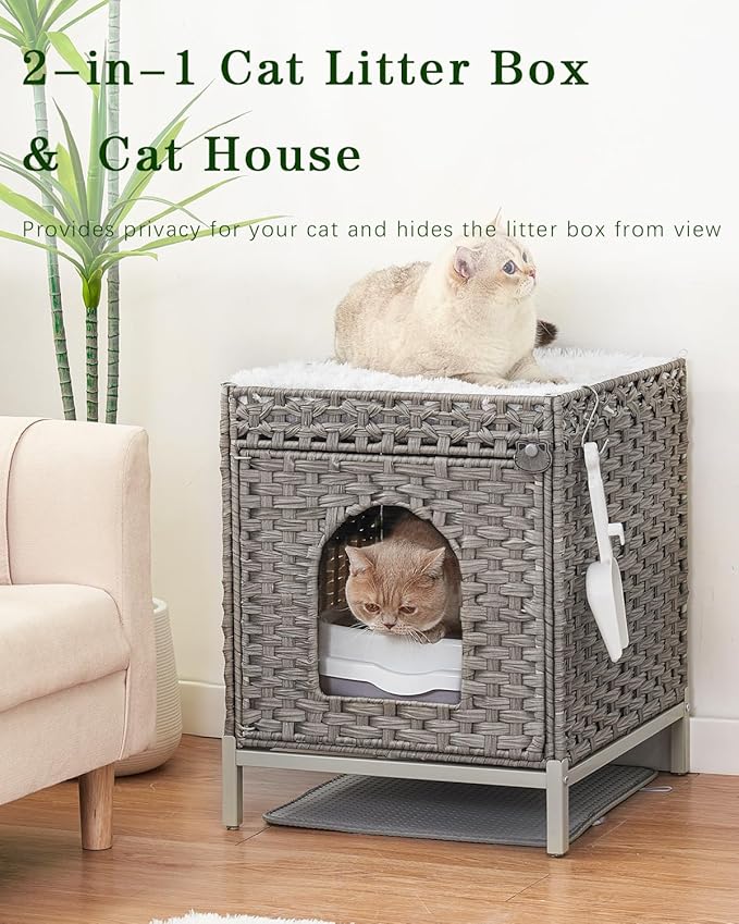 Cat Litter Box Enclosure Hidden Litter Box Furniture with Metal Heightened Feet, Rattan Handwoven Cat House with Litter Mat, Hidden Litter Box Furniture for Bedroom Living Room Gray-Mewly Pet