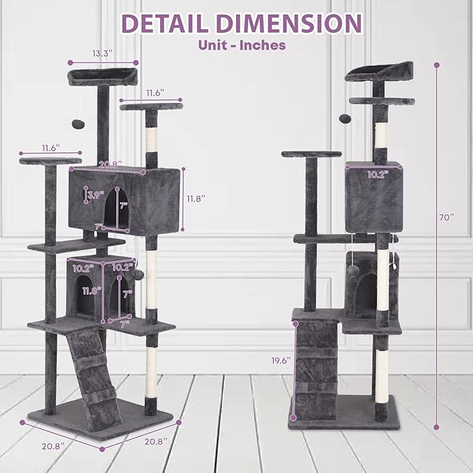 70 inches Cat Tower for Indoor Cats Multi-Level Cat Condos for XL Cat Tree Cat Climbing Tower with Scratching Posts, Hanging Toys,Light Gray-Mewly Pet