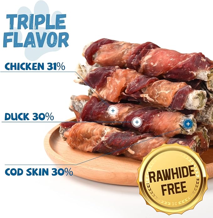 Dog Treats Chicken Duck Wrapped Cod Skin Sticks, Rawhide-Free, Grain-Free Dog Chewy Treats for Healthy Teeth and Coat,Training Treats for Small Medium Large Dogs, 9-10 Counts-Mewly Pet