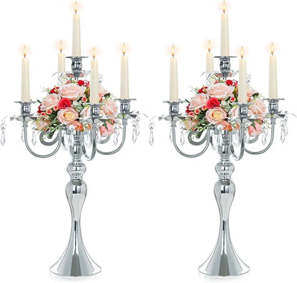 2 Pcs 20.3'' Tall 5 Arm Silver Candelabra Centerpiece for Table, Metal Crdystal Candle Holder, Retro Candlestick Table Centerpieces for Party, Events, Home, Wedding Decor (2, Silver)