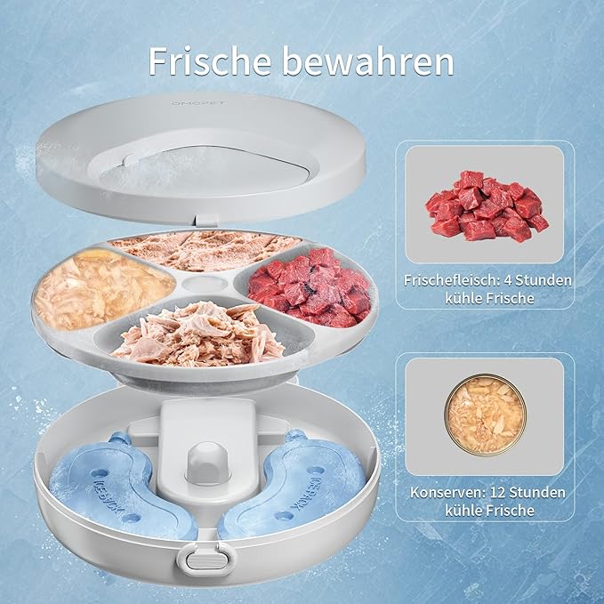 Automatic Cat Feeder Wet Food, Whisker-Friendly Automatic Cat Food Dispenser True 4-Meal Design with Locking Lid, Smart Timer Feeder for Wet Cat/Dog ，2-Ice Packs, Easy to Clean (White-1)-Mewly Pet