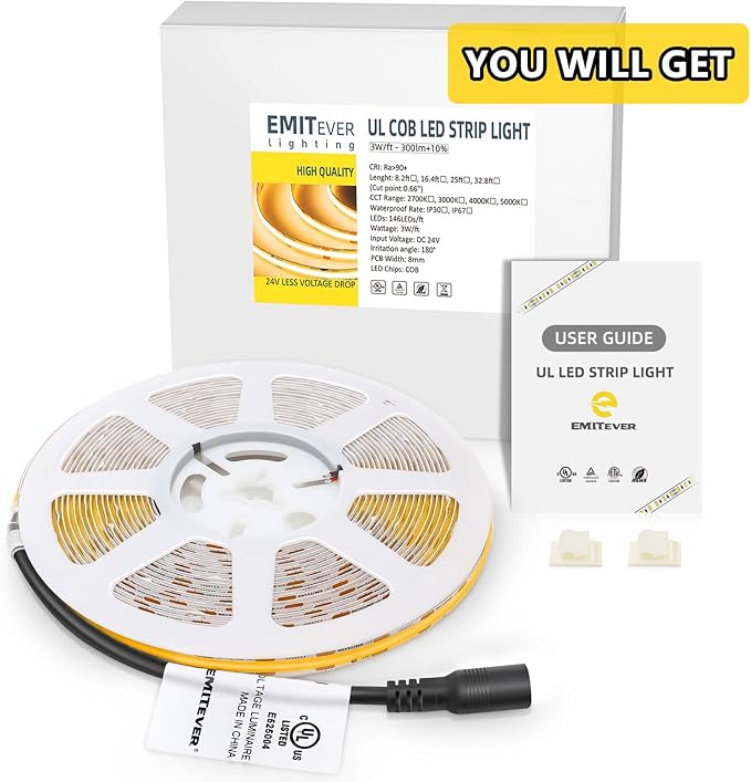 EMITEVER COB LED Strip Lights Warm White, 24V 2700K Tape Light Premium High Density, 300+Lumens/ft, 2400LEDs/Spool, Ra 90+, 16.4ft, 3W/ft, UL Listed 5 Year Warranty (Power Supply Sold Separately)