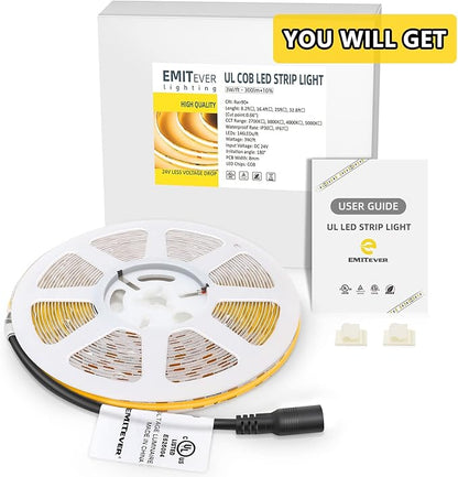EMITEVER COB LED Strip Lights Warm White, 2700K Tape Light 32.8ft, Premium High Density, DC 24V, 300+Lumens/ft, 4800LEDs/Spool, Ra 90, 3W/ft, UL Listed 5 Year Warranty (Power Supply Sold Separately)