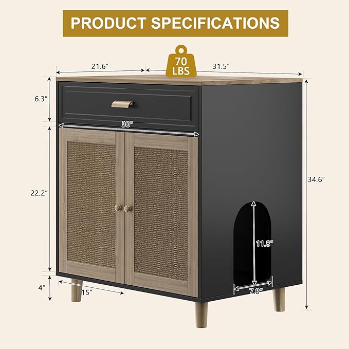 Cat Litter Box Enclosure Furniture Hidden - Indoor 2-in-1 Wooden Cat House & Washroom Cabinet with Scratching Board Doors and Drawer, 31.5”x21.6”x34.6”, Black-Mewly Pet