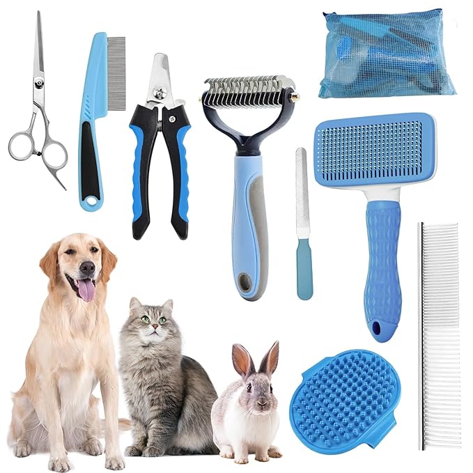 Dog Brush for Shedding,9 PCS in One Pet Slicker Hair Brush Kit with Pet Nail Clipper and File - Dog Cat Grooming Deshedding Undercoat Rake Brush Comb for All Small Large Dogs Cats Blue-Mewly Pet