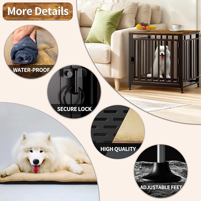 Dog Crate Furniture for Small Dogs, Dog Kennel Indoor, Anti-Chew Anti-Escape with Bed Crate Pad End Side Table Wooden Dog Crate,Steel-Tube Dog Cage, Rustic Brown-Mewly Pet