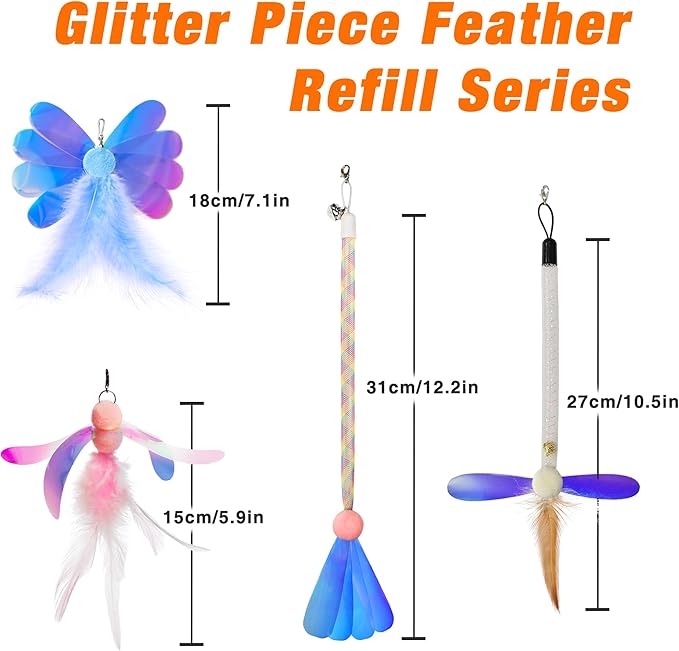JXFUKAL Cat Feather Toy Refills, 4Pcs Simulation Butterfly Dragonfly Glitter Piece Feather Cat Lures Wand Attachment Replacement for Kitty Kitten Indoor Cats Accessories-Mewly Pet