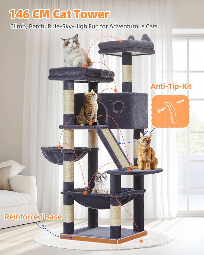 Taoqimiao Cat Tree 57.5-Inch, Cat Tower for Indoor Cats Large Adult, Extra Large Cat Condo, 8 Sisal Scratching Posts, Metal Frame Cozy Hammock, Durable Scratch Board, 2 Top Perches, Smoky Gray MS026G-Mewly Pet