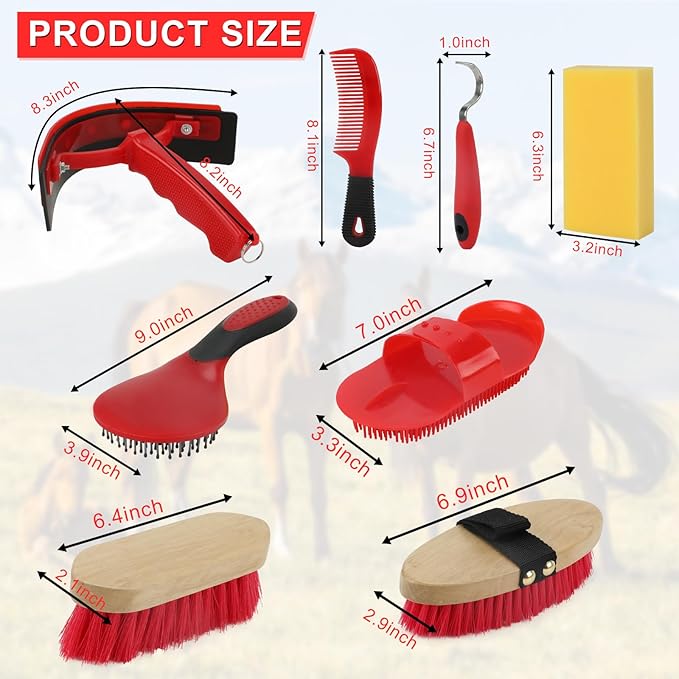 9 Pieces Grooming Kit with Tote Bag - Brush Set, Sweat Scraper, Sponge, Hoof Pick, Curry Comb for Horse Riders and Beginners (Red)-Mewly Pet