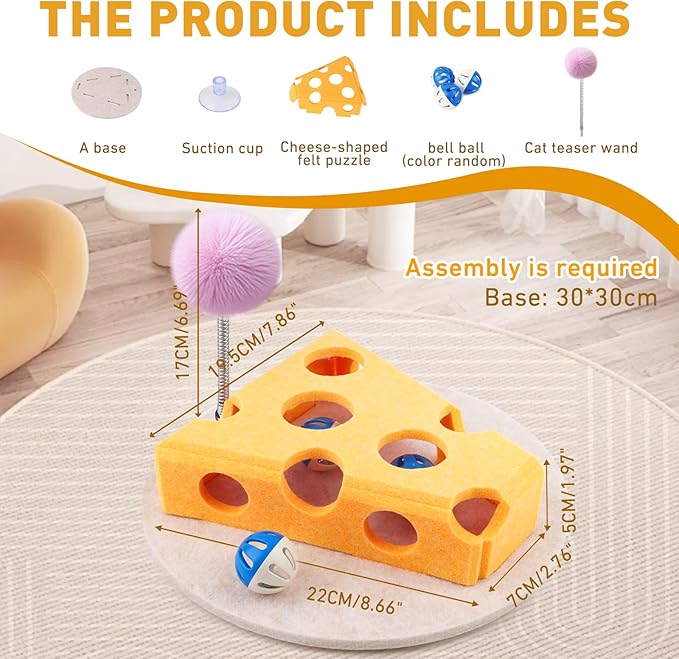 Interactive Cat Puzzle Toy for Indoor Cats & Kittens - Fun Track Balls & Spring Teaser in Stimulating Felt Puzzle Box (Yellow) - Mental Enrichment Game-Mewly Pet